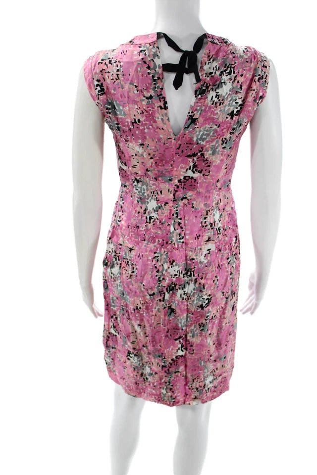 Prada ITALY. Pink Abstract Floral Silk Print Sheath Dress w/ Tie Waist