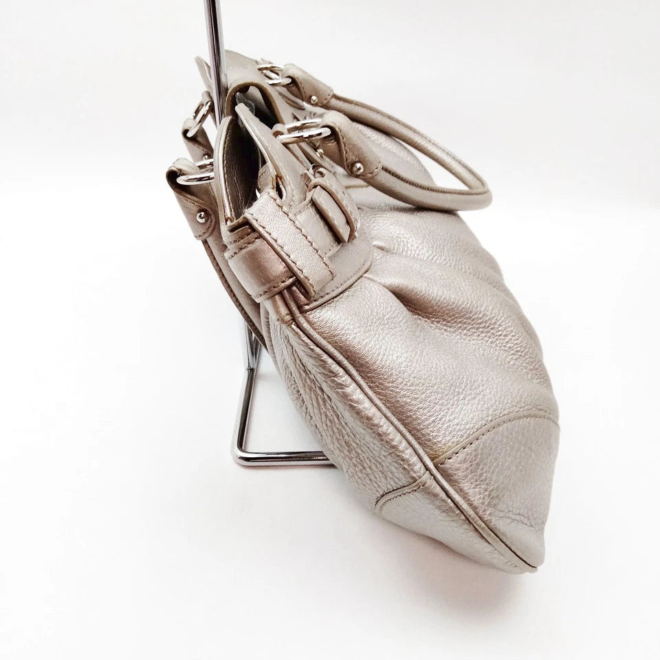 Ferragamo Italy. Gray Metallic Pebbled Leather Shoulder Bag / Hand Bag