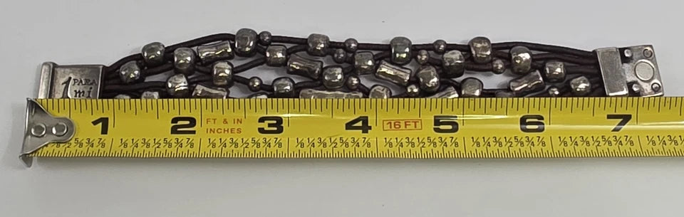 1 Para Mi. MADRID. Handmade Spain.  Silver Plated, Pewter, Sterling Chunky Leather Bracelet