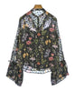 UNITED TOKYO JAPAN. BlackxPurplexGreen Semi-Sheer Floral Pattern Blouse