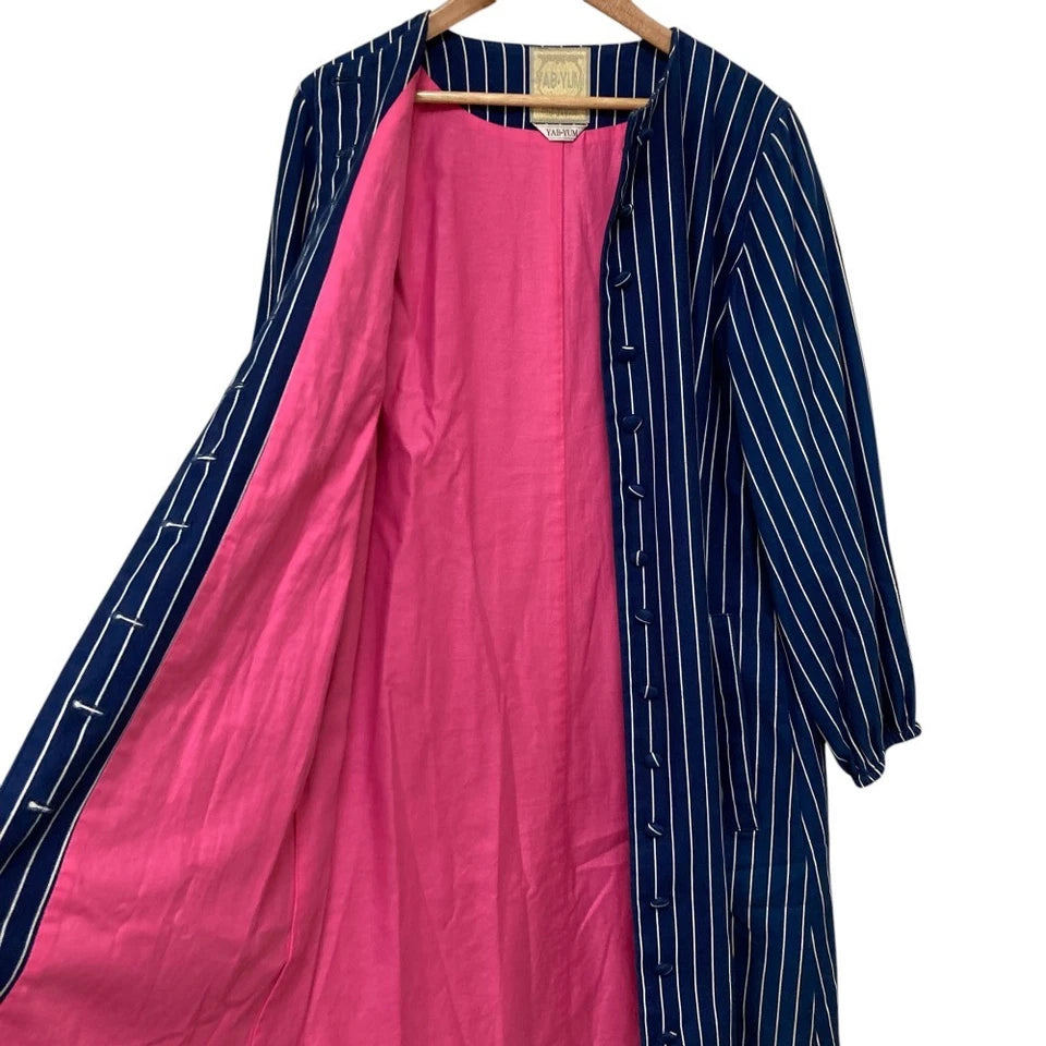 YAB-YUM JAPAN. Navy Stripe Pattern Cotton No-collar Long Coat/Dress