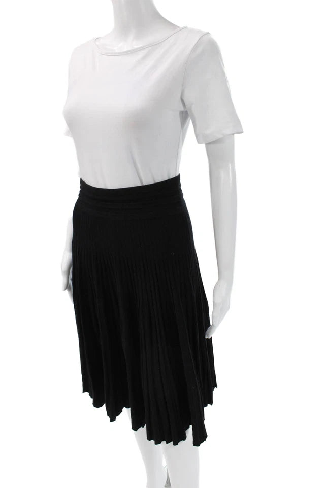 Donna Karan New York. Black Viscose Rayon Polyester Pleated Midi Skirt
