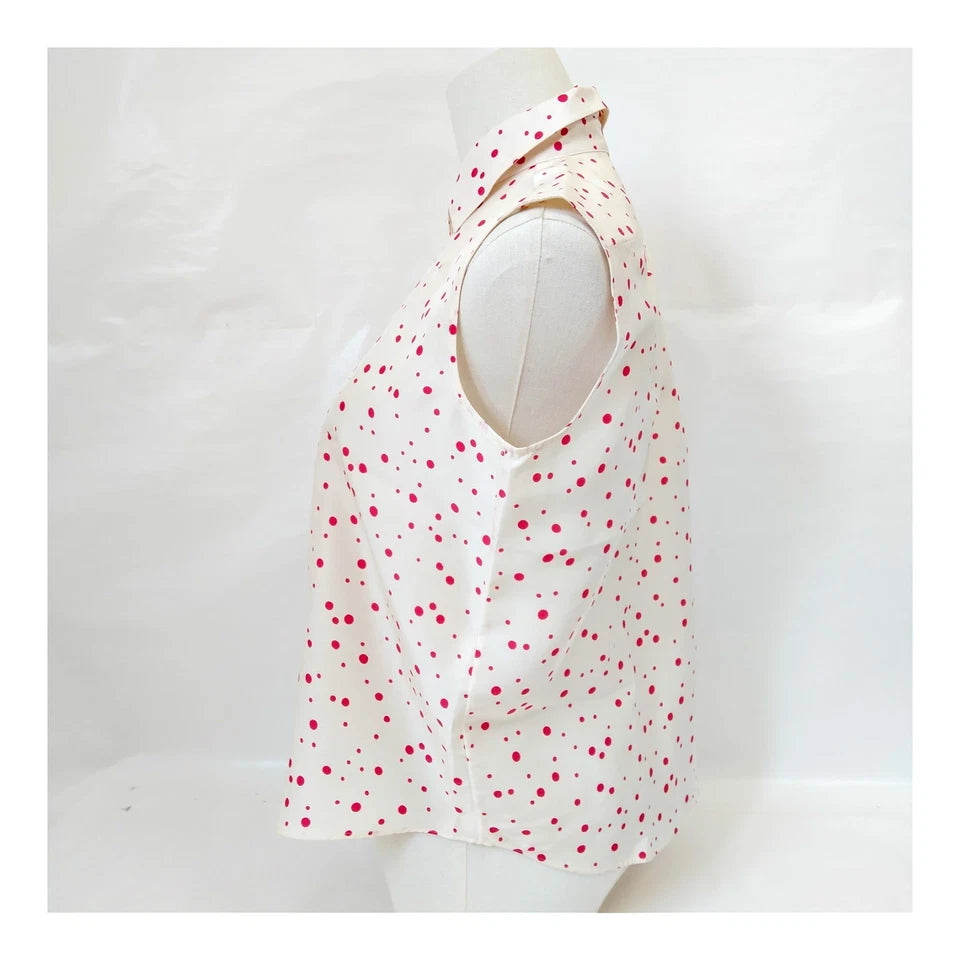 CHRISTIAN DIOR PARIS. White Silk w/Red Dots Sleeveless Top