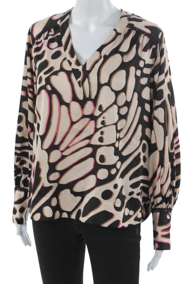 Donna Karan NY. Black V Neck Abstract Long Sleeve Basic Blouse