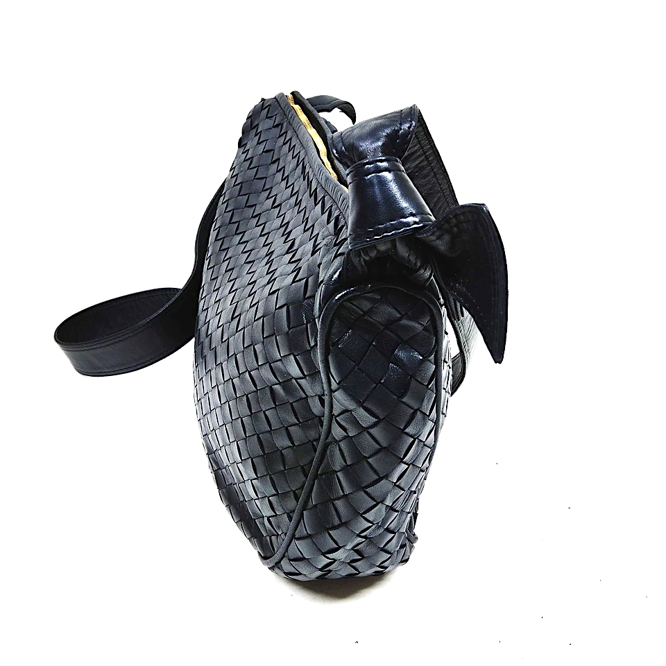 Bottega Veneta Italy. Vintage Knot Handles Black Leather Shoulder Bag