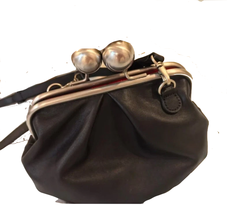 Kawa-Kawa Japan. NWOT. NEW. Black Leather Oversized Kiss Lock Shoulder Bag / Crossbody Bag / Removable Long Strap