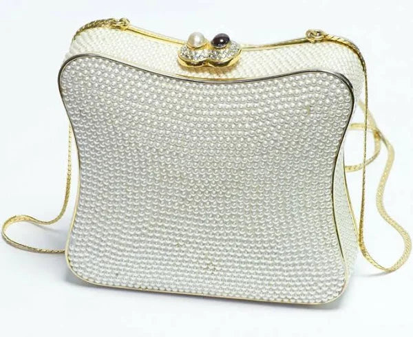 Judith Leiber White Pearls Crystal Women’s Minaudière Clutch/Shoulder Bag w/ Long Chain