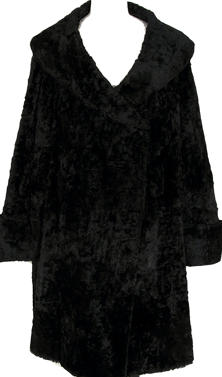 Katherine Hamnett London. Black Pile Shawl Collar Swing Coat