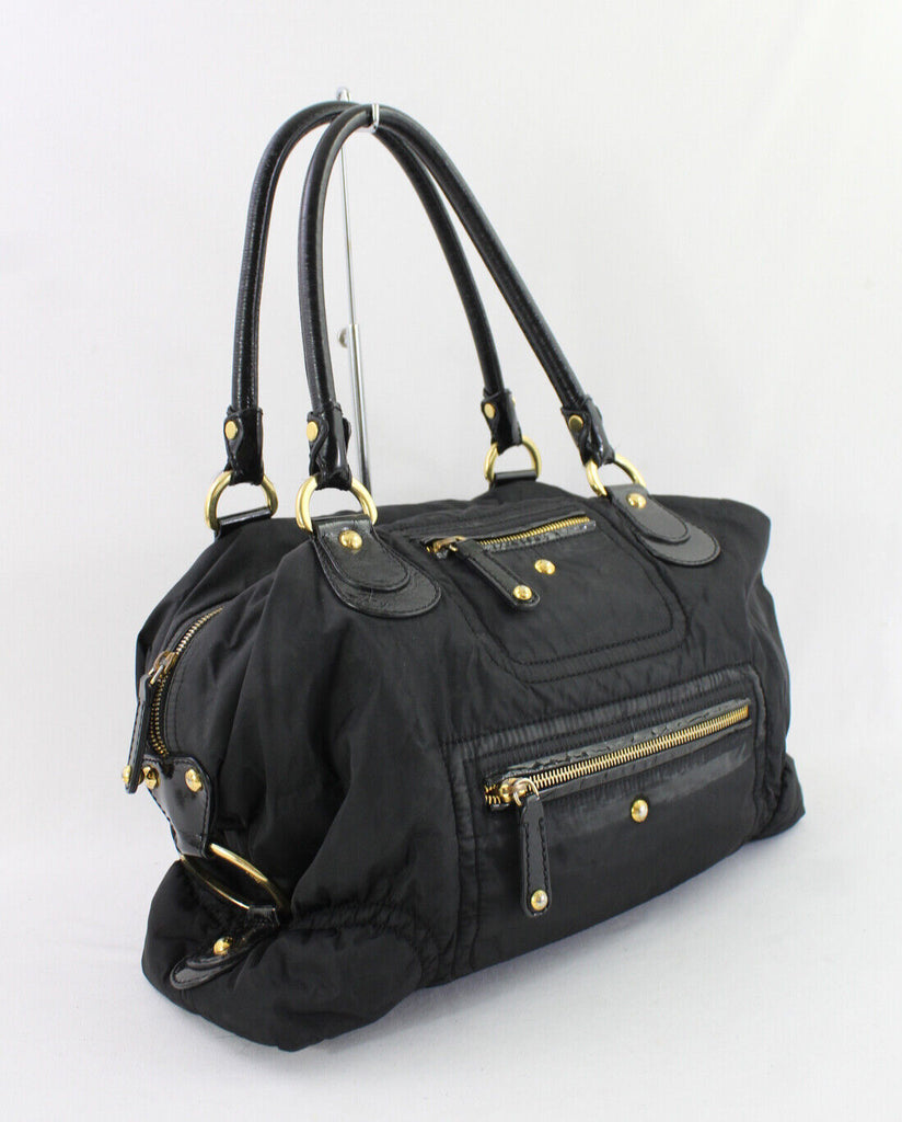 Tod's Italy. Black Black Nylon Patent Trim Satchel Handbag