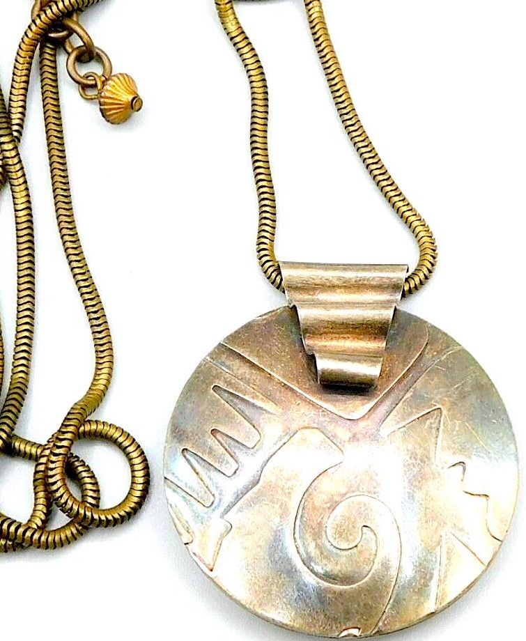 Marjorie Baer SIGNED Oxidized Round Pendant on Long Snake Chain Necklace